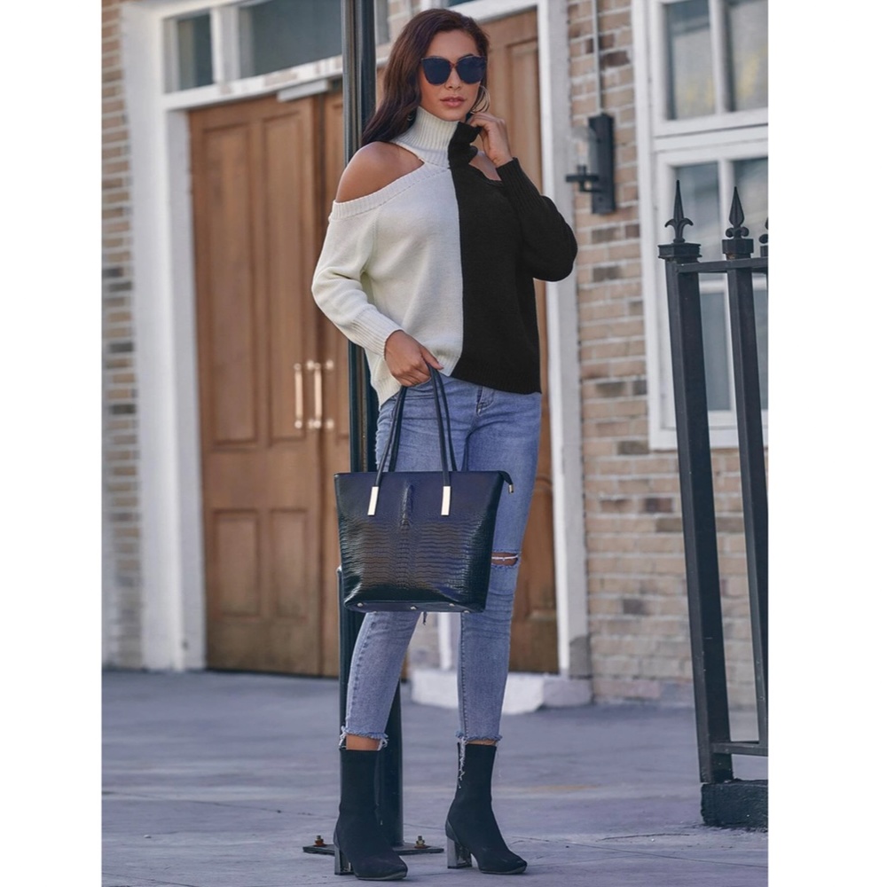 Cold Shoulder Colorblock Black and Off White Turtleneck Sweater - Picture 5 of 7